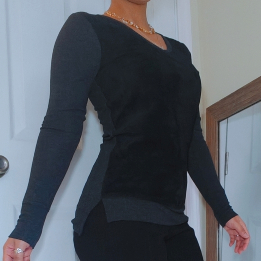 Anthropologie XS Genuine Suede Leather Front Long Sleeve Black Gray Blouse Shirt